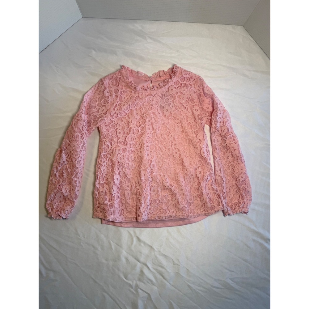 Girls Pink Lace Long Sleeve Top Ruffle Neckline Party Special Occasion Sz Sm 6